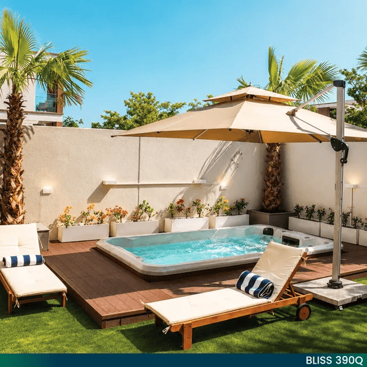 BLISS 390Q luxury swim spa displayed outdoors in Dubai