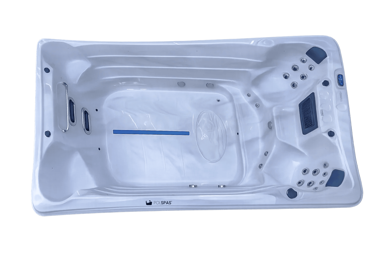 Premium swim spa with dedicated swimming area and hydrotherapy seating